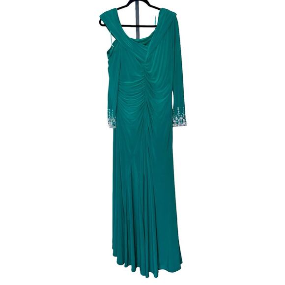 NWT MAC DUGGAL 12231 Emerald Beaded Cuff Drop Shoulder Faux Wrap Gown Women’s - Picture 9 of 12